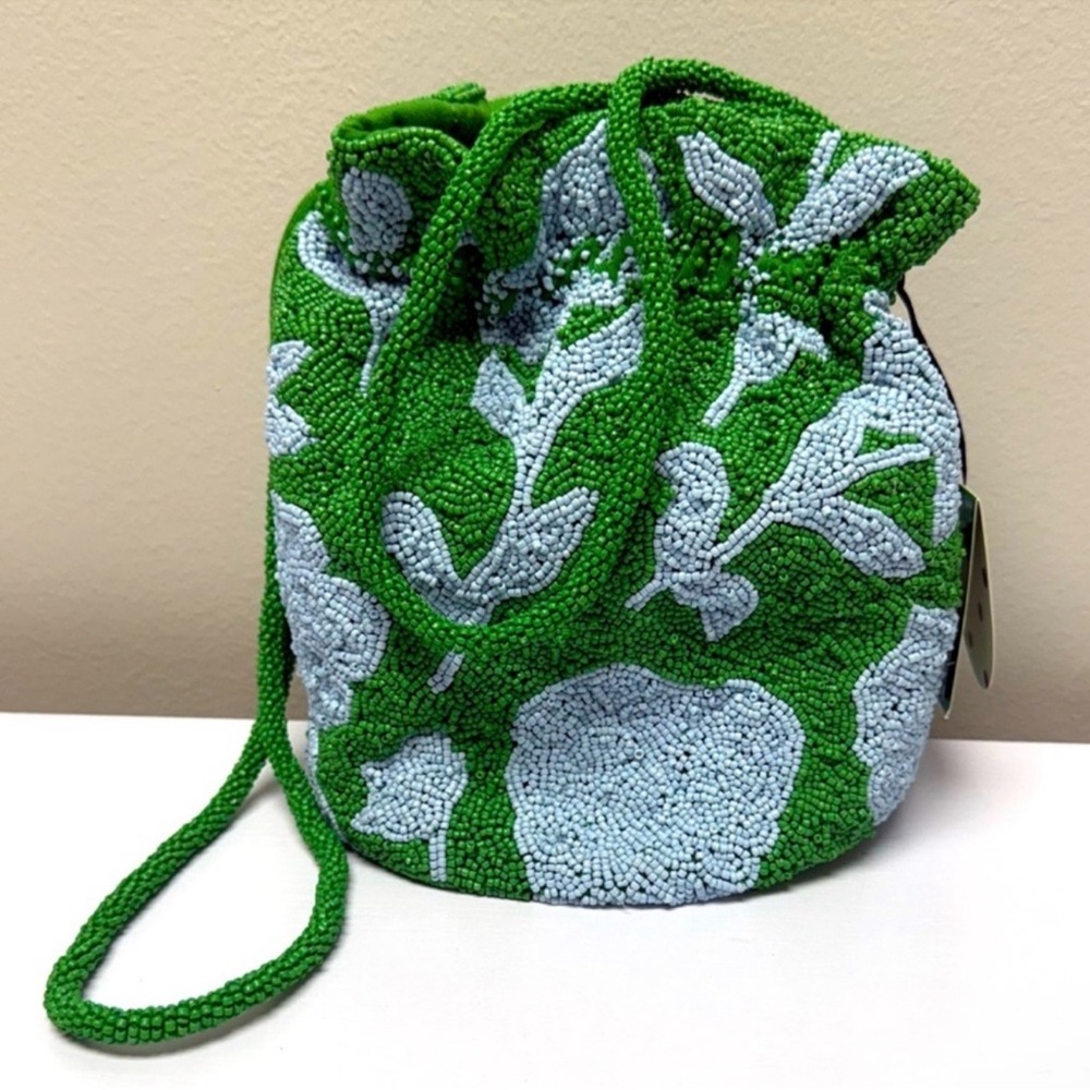 New! Kate Spade Beaded Classic Rose Drawstring
Bucket Bag in Green & Blue - Picture 5 of 7